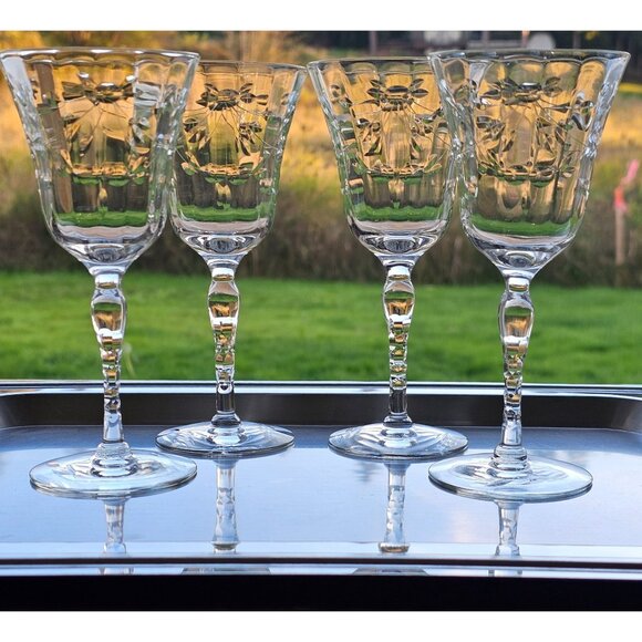 Depression Glass Cut Floral Wine Glasses 6.2" lightweight optic fine crystal (4) - Picture 7 of 10